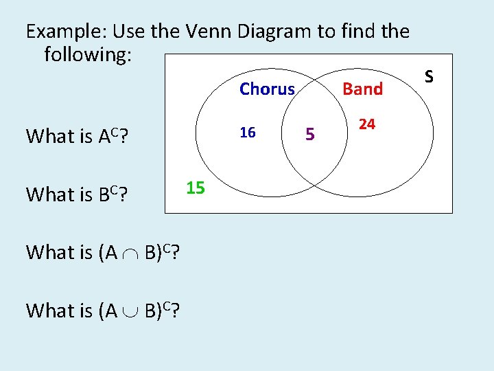 Example: Use the Venn Diagram to find the following: Chorus What is 16 A