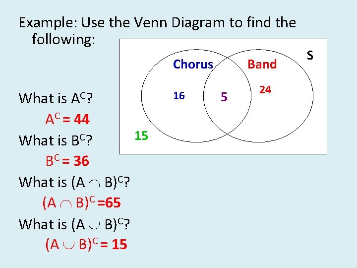 Example: Use the Venn Diagram to find the following: Chorus A C? What is