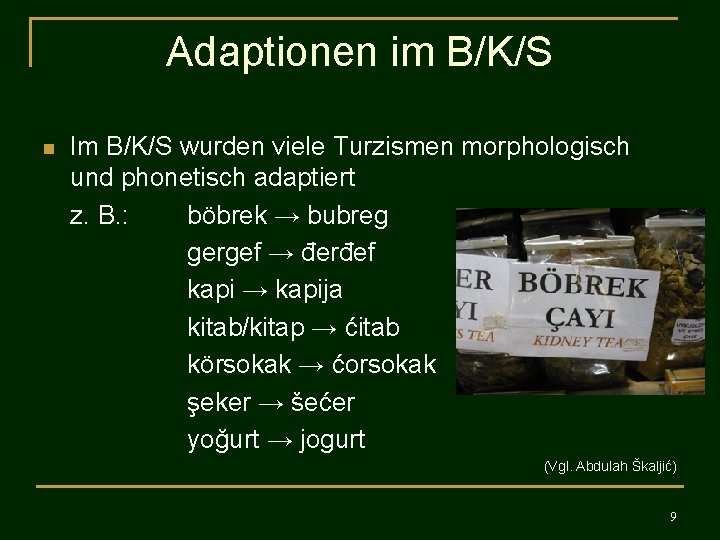 Adaptionen im B/K/S n Im B/K/S wurden viele Turzismen morphologisch und phonetisch adaptiert z.