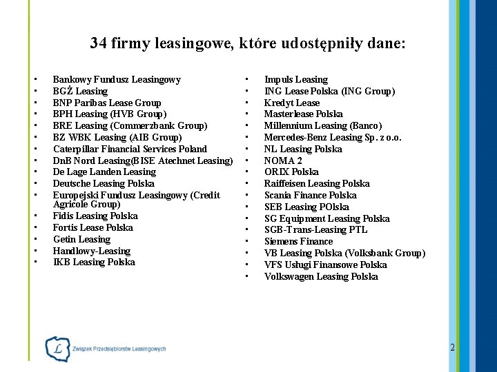 34 firmy leasingowe, które udostępniły dane: • • • • Bankowy Fundusz Leasingowy BGŻ