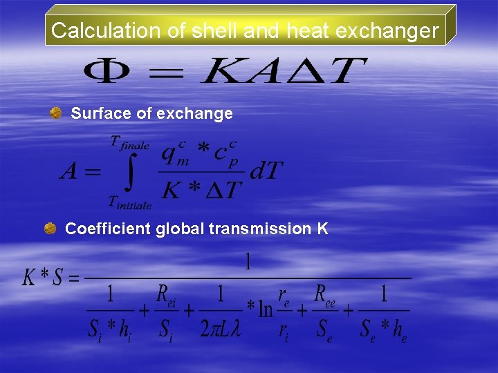 Calculation of shell and heat exchanger Surface of exchange Coefficient global transmission K 