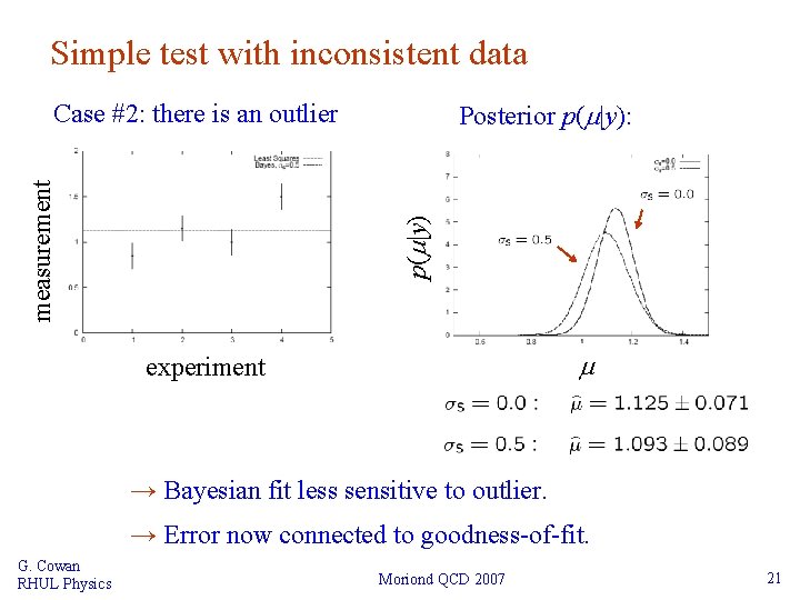 Simple test with inconsistent data Posterior p( |y): p( |y) measurement Case #2: there