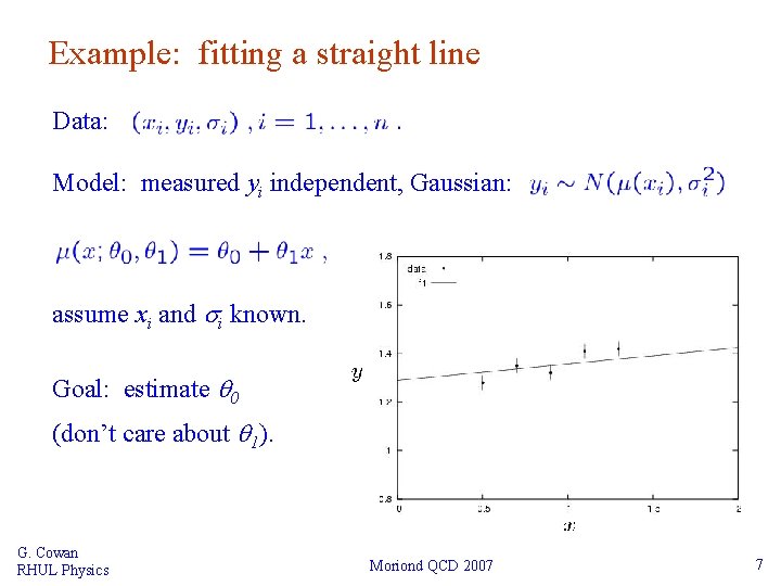 Example: fitting a straight line Data: Model: measured yi independent, Gaussian: assume xi and