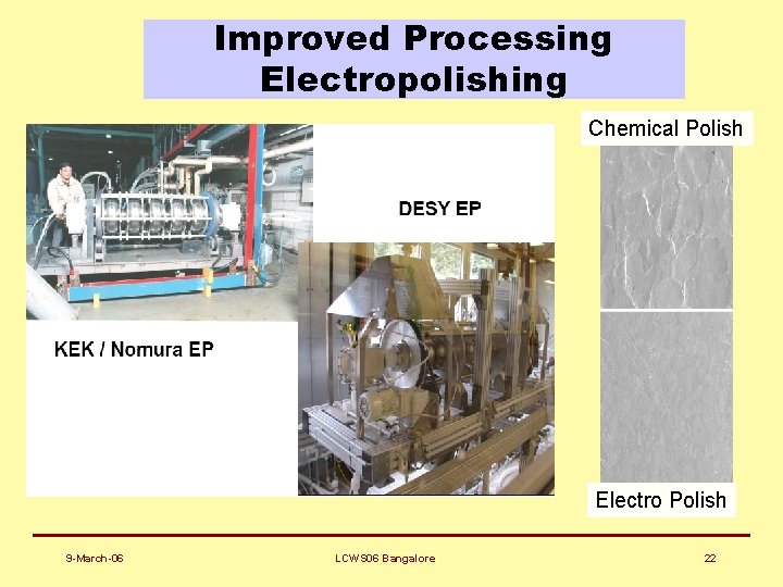 Improved Processing Electropolishing Chemical Polish Electro Polish 9 -March-06 LCWS 06 Bangalore 22 