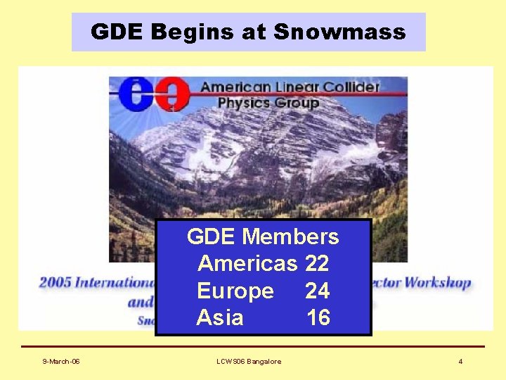 GDE Begins at Snowmass GDE Members Americas 22 Europe 24 Asia 16 9 -March-06