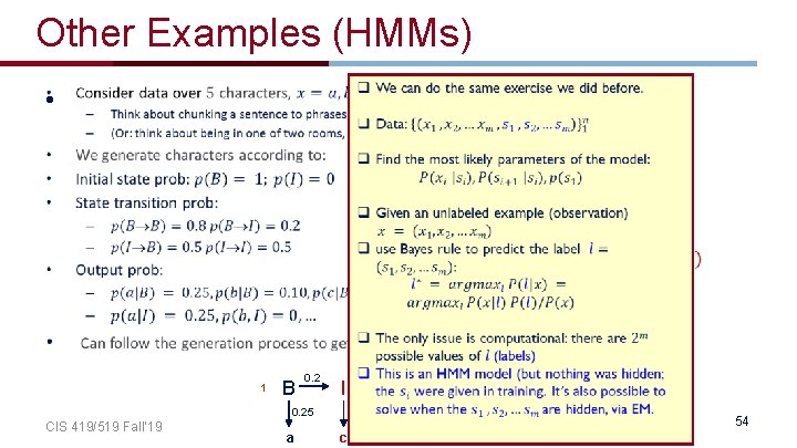 Other Examples (HMMs) • 0. 8 0. 5 0. 2 B I 0. 5