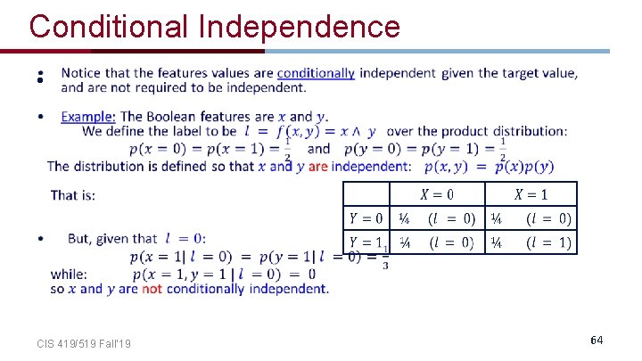 Conditional Independence • CIS 419/519 Fall’ 19 64 