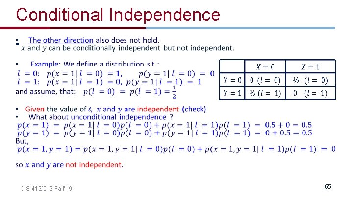 Conditional Independence • CIS 419/519 Fall’ 19 65 