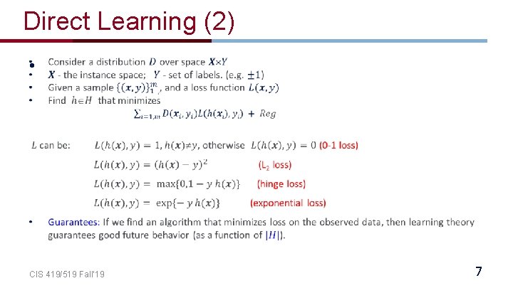 Direct Learning (2) • CIS 419/519 Fall’ 19 7 