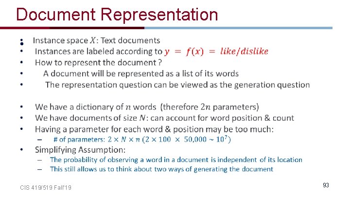 Document Representation • CIS 419/519 Fall’ 19 93 