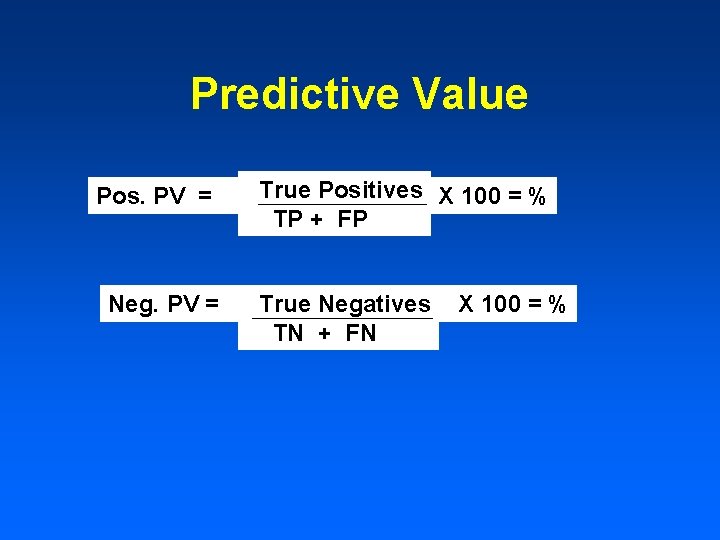 Predictive Value Pos. PV = Neg. PV = True Positives X 100 = % Predictive Value Pos. PV = Neg. PV = True Positives X 100 = %