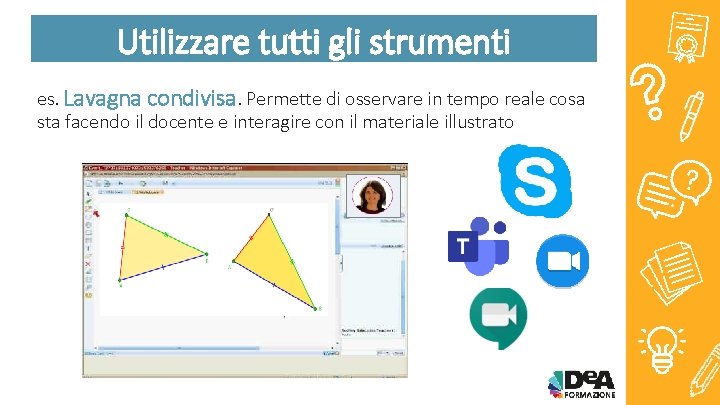 Utilizzare tutti gli strumenti es. Lavagna condivisa. Permette di osservare in tempo reale cosa