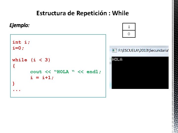 Estructura de Repetición : While i 0 int i; i=0; while (i < 3)