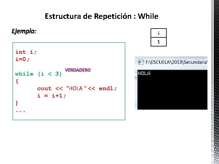 Estructura de Repetición : While i 1 int i; i=0; while (i < 3)