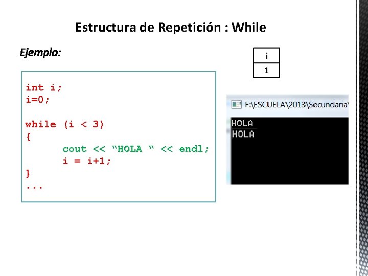 Estructura de Repetición : While i 1 int i; i=0; while (i < 3)