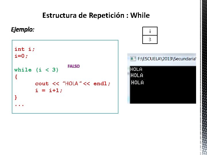 Estructura de Repetición : While i 3 int i; i=0; while (i < 3)