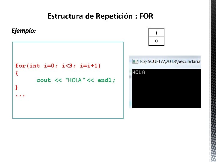 Estructura de Repetición : FOR i 0 for(int i=0; i<3; i=i+1) { cout <<