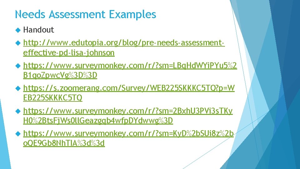 Needs Assessment Examples Handout http: //www. edutopia. org/blog/pre-needs-assessment- effective-pd-lisa-johnson https: //www. surveymonkey. com/r/? sm=LBq.