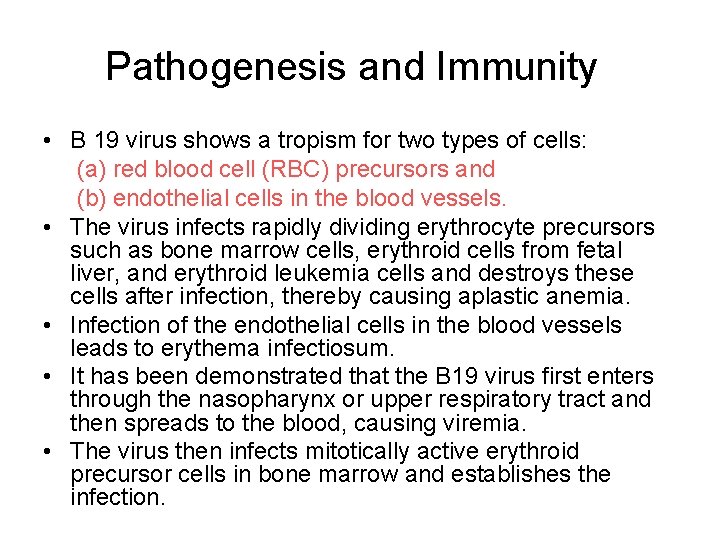Pathogenesis and Immunity • B 19 virus shows a tropism for two types of