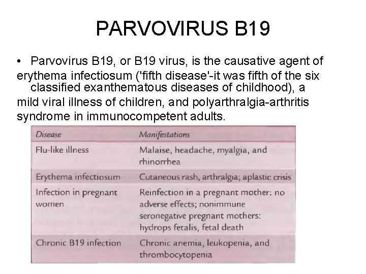 PARVOVIRUS B 19 • Parvovirus B 19, or B 19 virus, is the causative