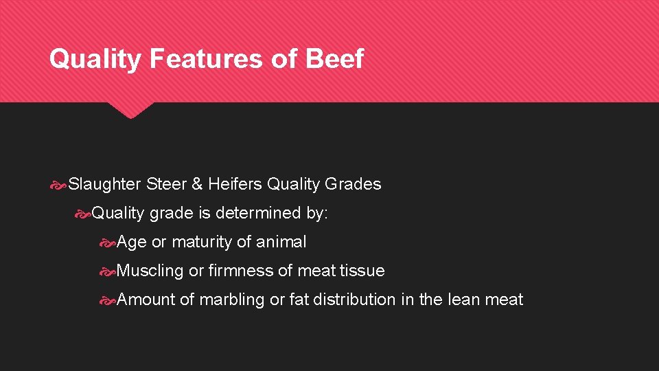 Quality Features of Beef Slaughter Steer & Heifers Quality Grades Quality grade is determined