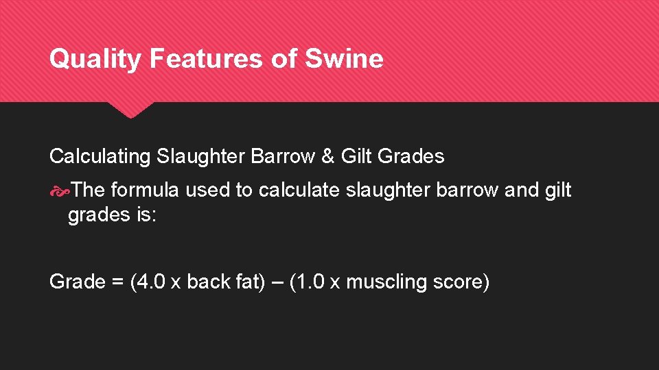 Quality Features of Swine Calculating Slaughter Barrow & Gilt Grades The formula used to