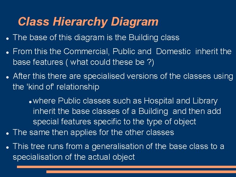 Class Hierarchy Diagram The base of this diagram is the Building class From this Class Hierarchy Diagram The base of this diagram is the Building class From this