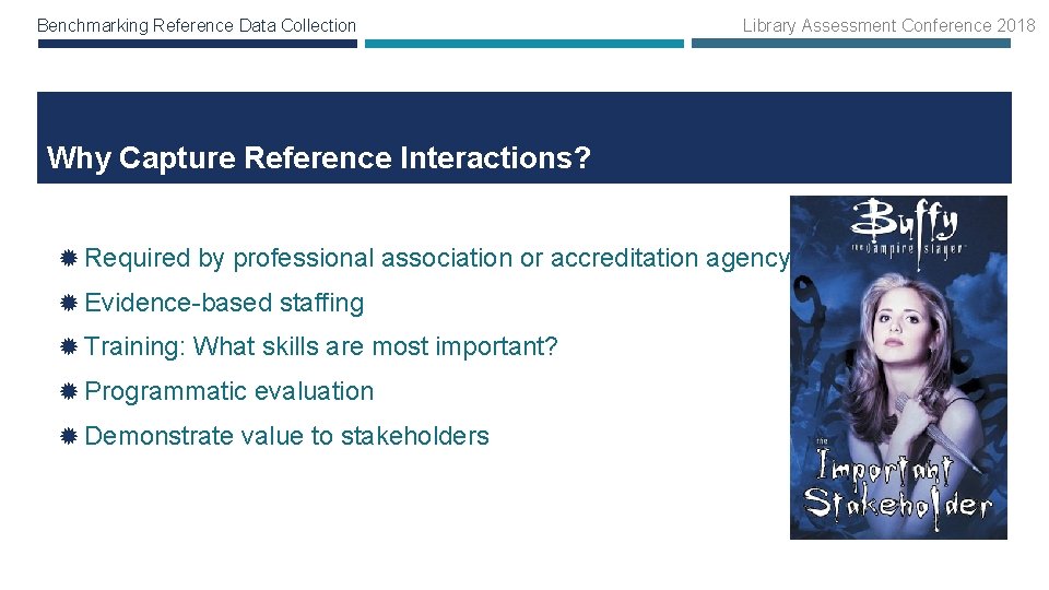 Benchmarking Reference Data Collection Library Assessment Conference 2018 Why Capture Reference Interactions? Required by