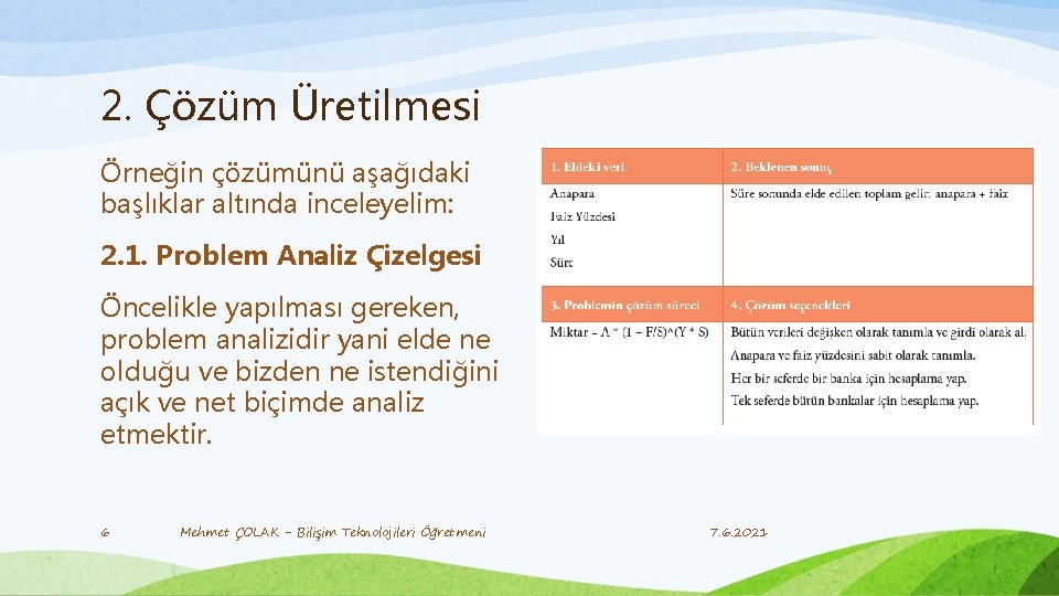 2. Çözüm Üretilmesi Örneğin çözümünü aşağıdaki başlıklar altında inceleyelim: 2. 1. Problem Analiz Çizelgesi