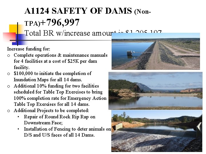 A 1124 SAFETY OF DAMS (Non. TPA)+796, 997 Total BR w/increase amount is $1,