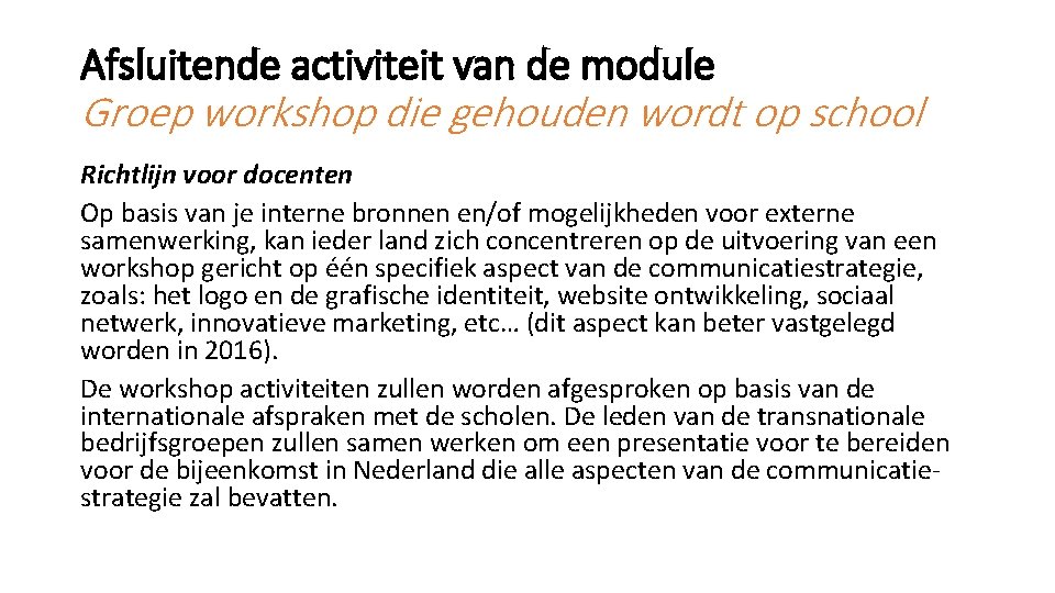 Afsluitende activiteit van de module Groep workshop die gehouden wordt op school Richtlijn voor