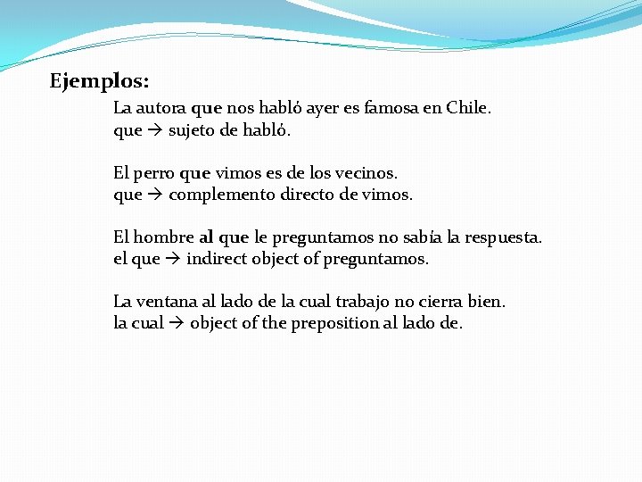 Ejemplos: La autora que nos habló ayer es famosa en Chile. que sujeto de