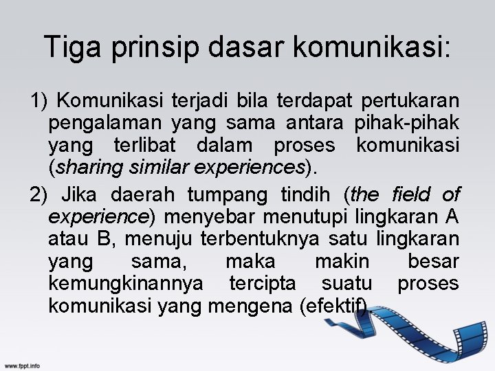 Tiga prinsip dasar komunikasi: 1) Komunikasi terjadi bila terdapat pertukaran pengalaman yang sama antara