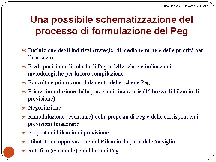 Luca Bartocci – Università di Perugia Una possibile schematizzazione del processo di formulazione del