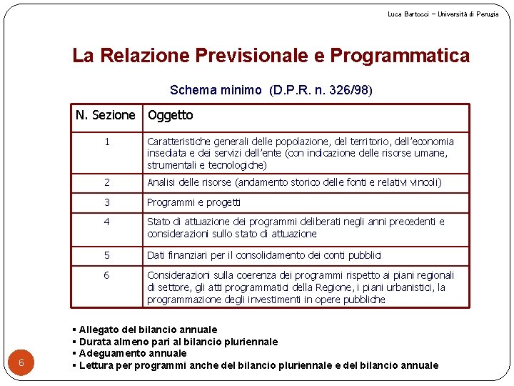 Luca Bartocci – Università di Perugia La Relazione Previsionale e Programmatica Schema minimo (D.