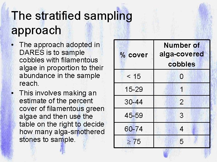 The stratified sampling approach • The approach adopted in DARES is to sample cobbles