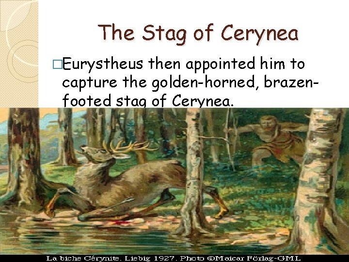 The Stag of Cerynea �Eurystheus then appointed him to capture the golden-horned, brazenfooted stag