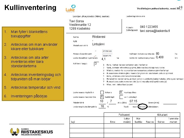 Kullinventering 1. 2. 3. Man fyller i blankettens basuppgifter Antecknas om man använder kikare