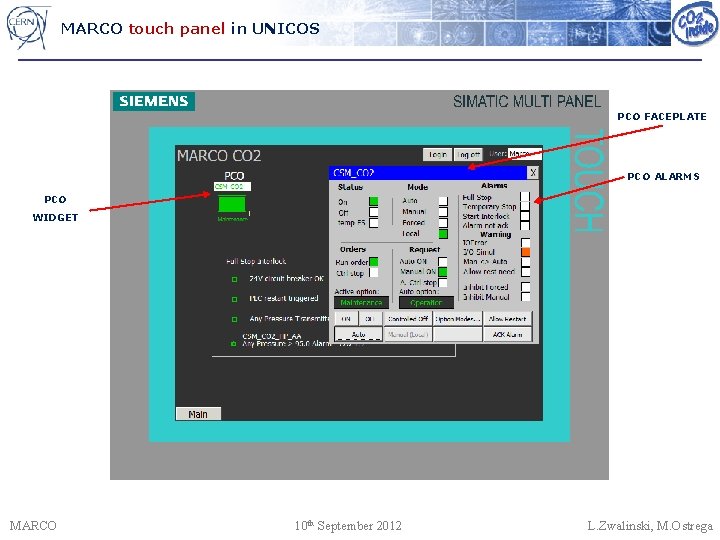MARCO touch panel in UNICOS PCO FACEPLATE PCO ALARMS PCO WIDGET MARCO 10 th