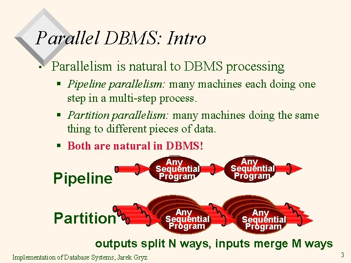 Parallel DBMS: Intro • Parallelism is natural to DBMS processing § Pipeline parallelism: many Parallel DBMS: Intro • Parallelism is natural to DBMS processing § Pipeline parallelism: many