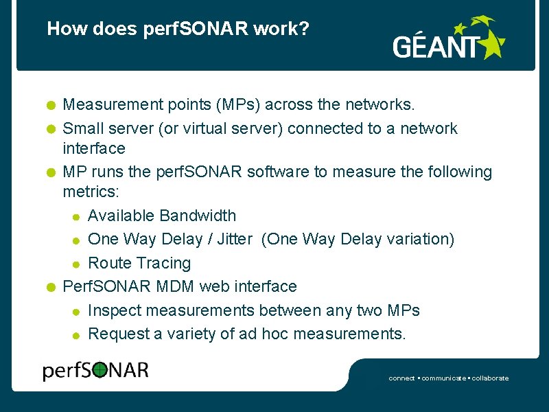 How does perf. SONAR work? Measurement points (MPs) across the networks. Small server (or