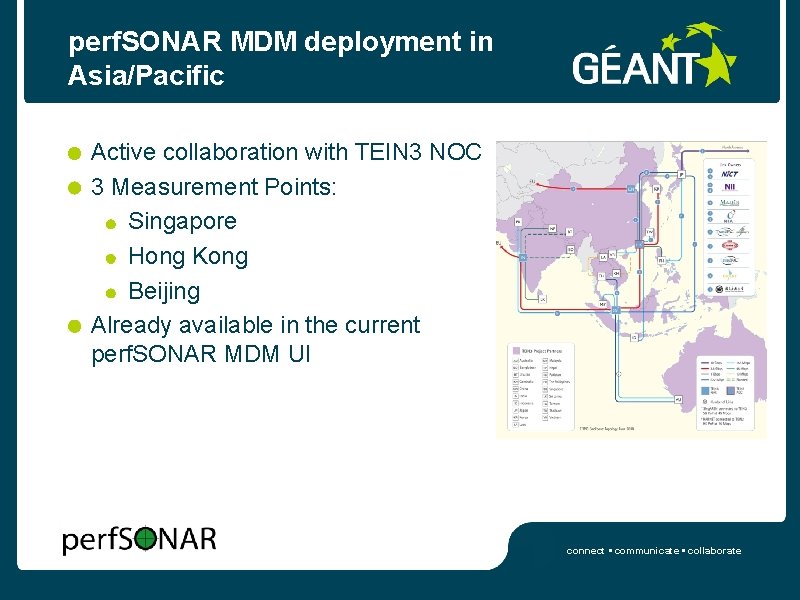 perf. SONAR MDM deployment in Asia/Pacific Active collaboration with TEIN 3 NOC 3 Measurement