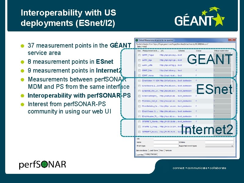 Interoperability with US deployments (ESnet/I 2) 37 measurement points in the GÉANT service area