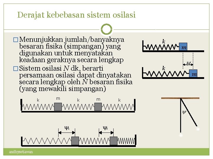 Derajat kebebasan sistem osilasi � Menunjukkan jumlah/banyaknya besaran fisika (simpangan) yang digunakan untuk menyatakan