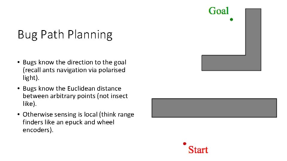 Bug Path Planning • Bugs know the direction to the goal (recall ants navigation