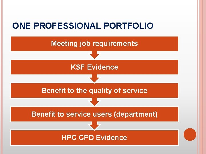 ONE PROFESSIONAL PORTFOLIO Meeting job requirements KSF Evidence Benefit to the quality of service