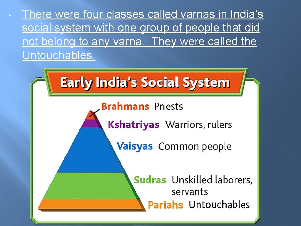 • There were four classes called varnas in India’s social system with one • There were four classes called varnas in India’s social system with one