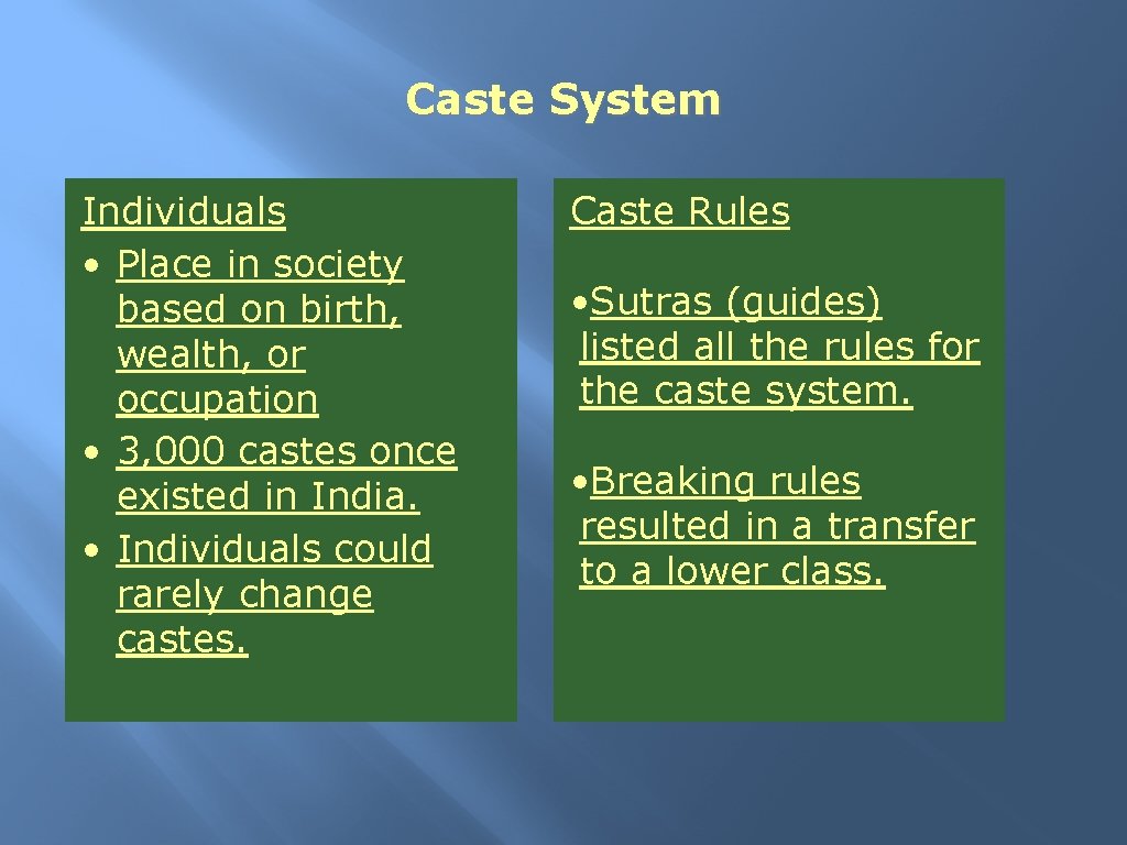 Caste System Individuals • Place in society based on birth, wealth, or occupation • Caste System Individuals • Place in society based on birth, wealth, or occupation •