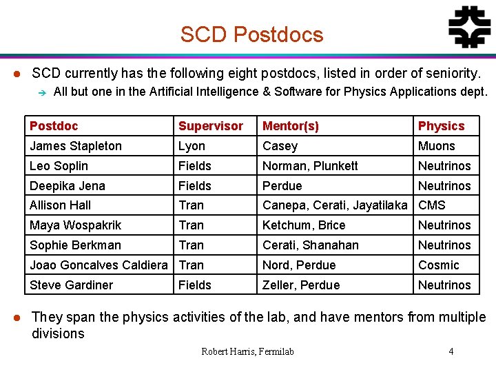 SCD Postdocs l SCD currently has the following eight postdocs, listed in order of