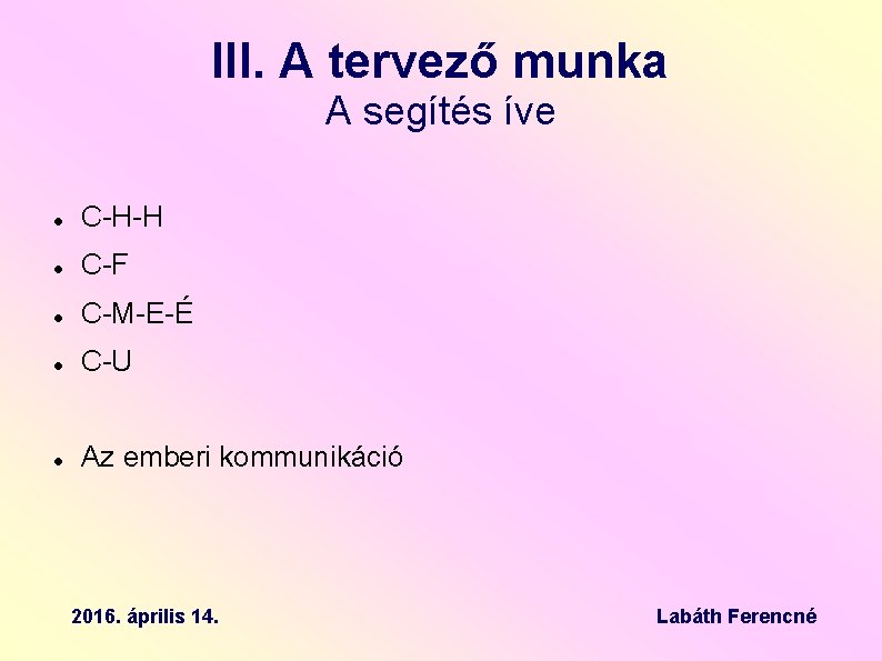 III. A tervező munka A segítés íve C-H-H C-F C-M-E-É C-U Az emberi kommunikáció